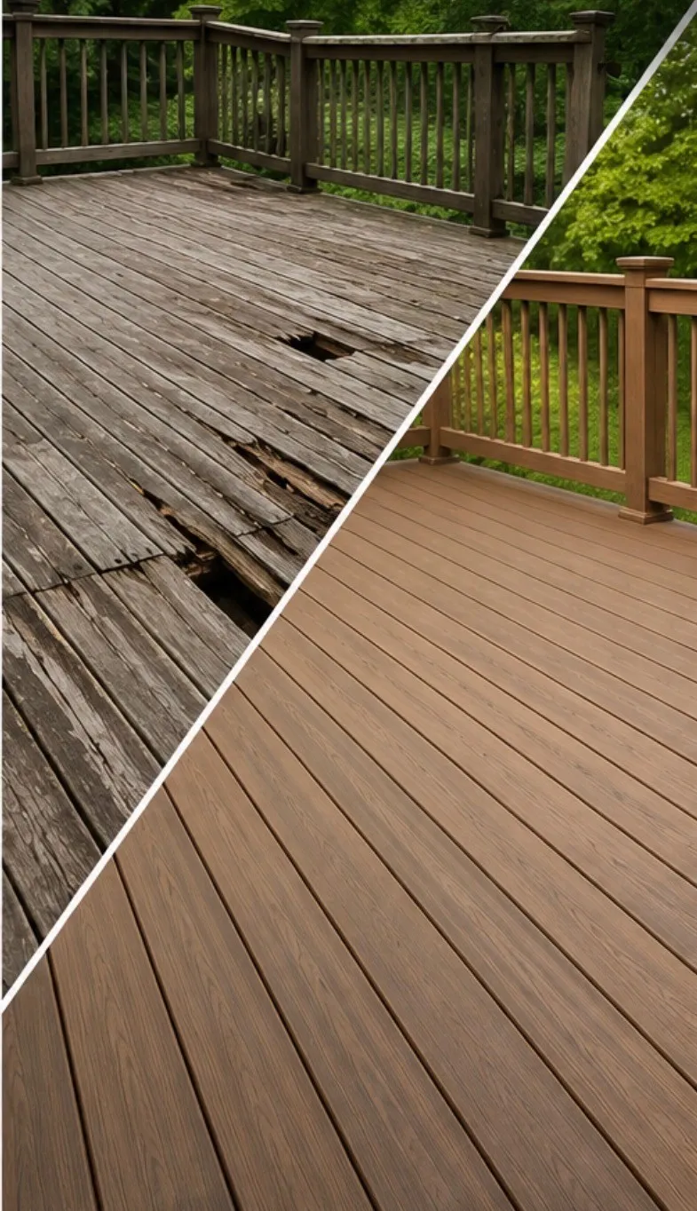 Before and after of a weathered wood deck resurfaced with composite boards