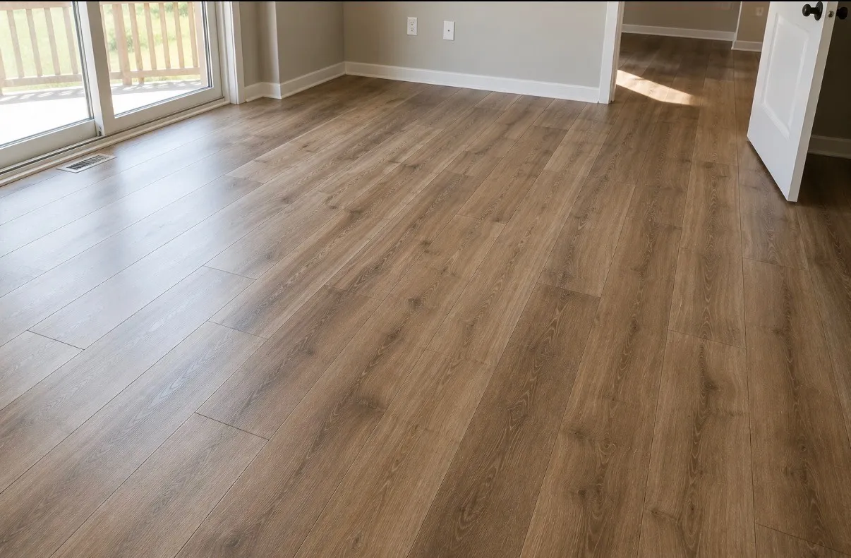 Wood-look plank floor installed in a bright bedroom